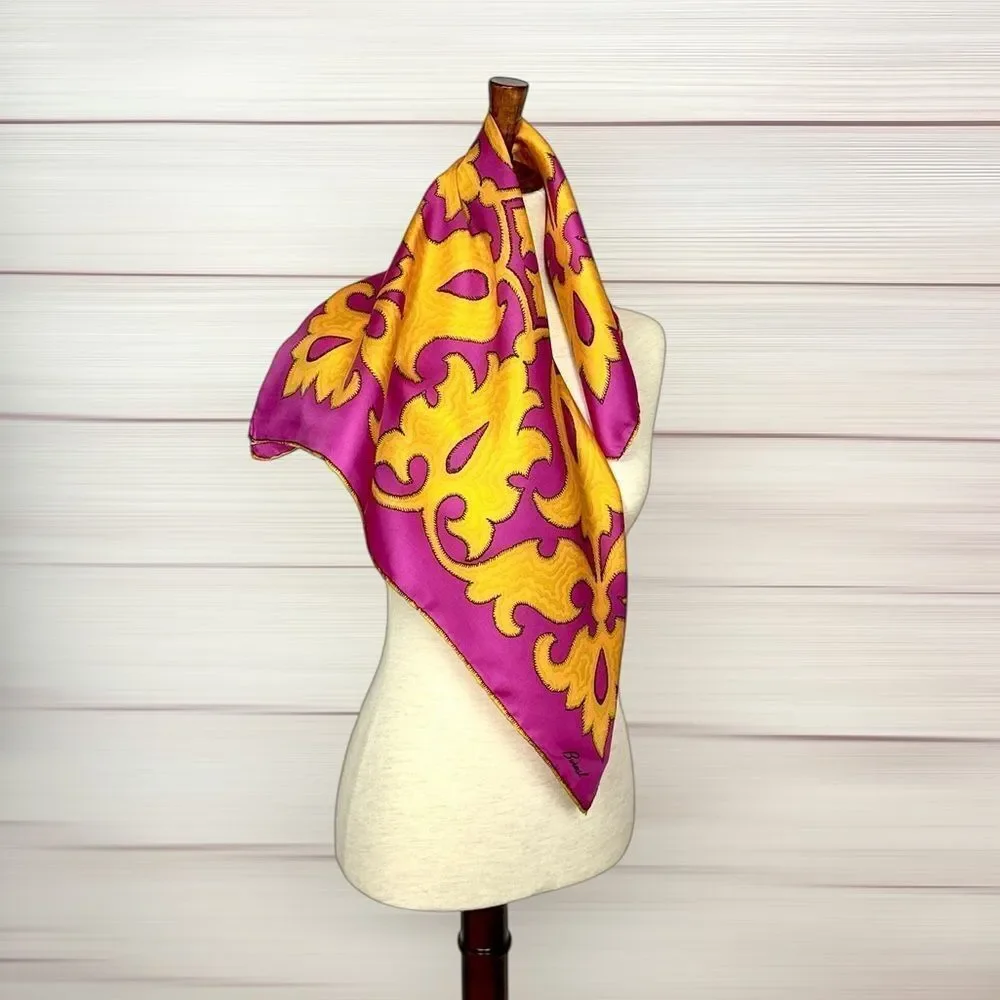 Burmel Twill Silk Scarf Fuchsia Yellow Moroccan-style Pattern Hand Rolled Japan